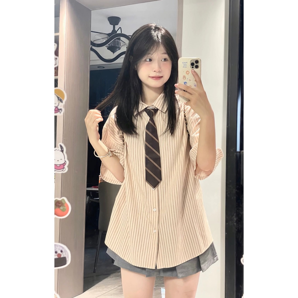 Áo Sơ Mi Sọc Thêu Chữ Thời Trang Dành Cho Nữ