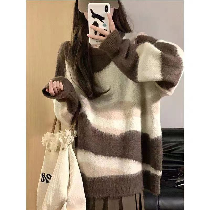 Mushiqi Áo sweater Dệt Kim Dáng Rộng Phối Màu Tương Phản Thời Trang Cho Nữ