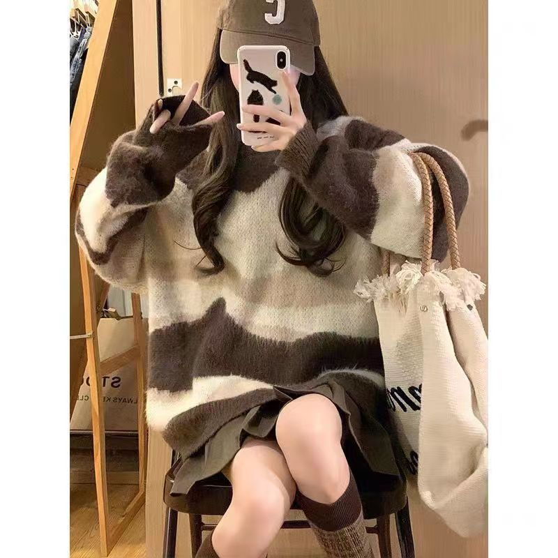 Mushiqi Áo sweater Dệt Kim Dáng Rộng Phối Màu Tương Phản Thời Trang Cho Nữ