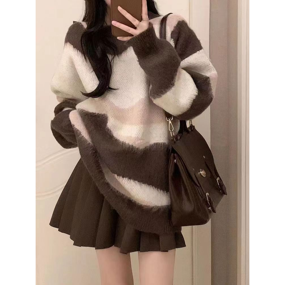 Mushiqi Áo sweater Dệt Kim Dáng Rộng Phối Màu Tương Phản Thời Trang Cho Nữ