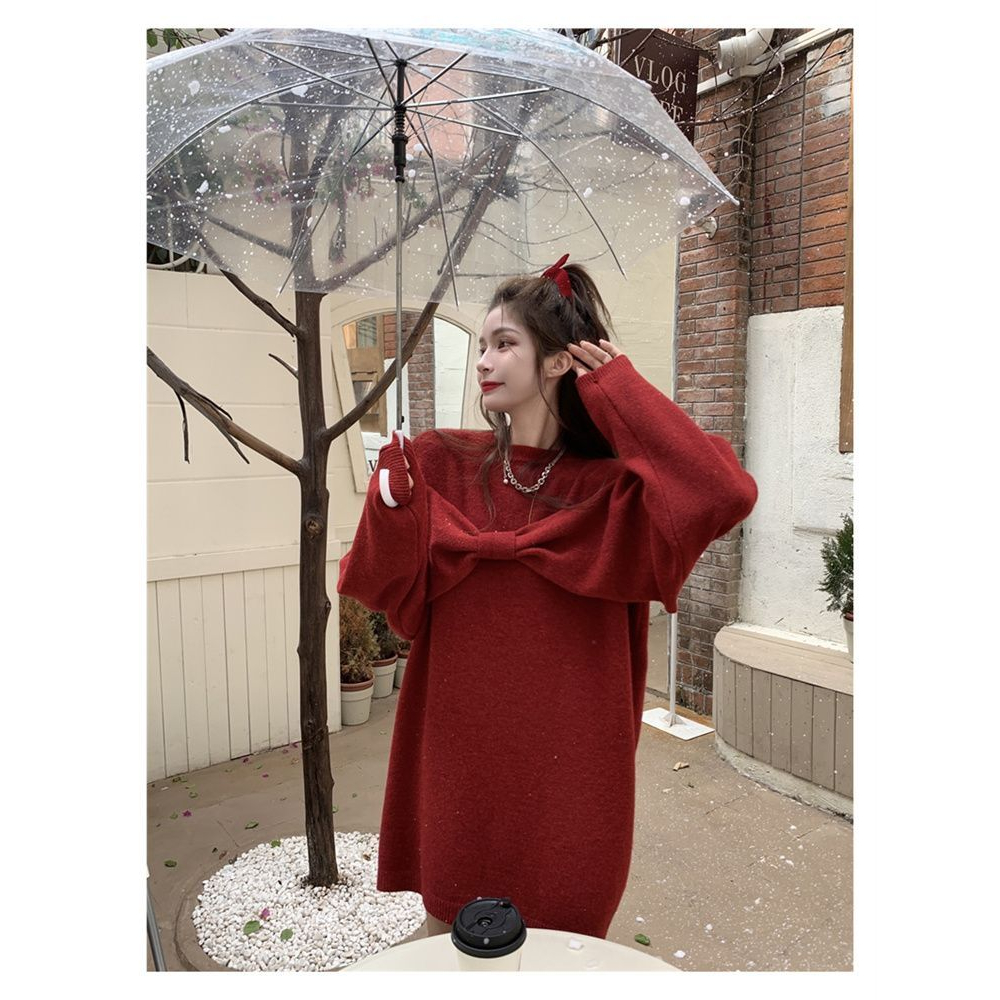 Mushiqi Đầm Dệt Kim Hở Vai Dáng Lửng Thắt Nơ Thời Trang Quyến Rũ Cho Nữ