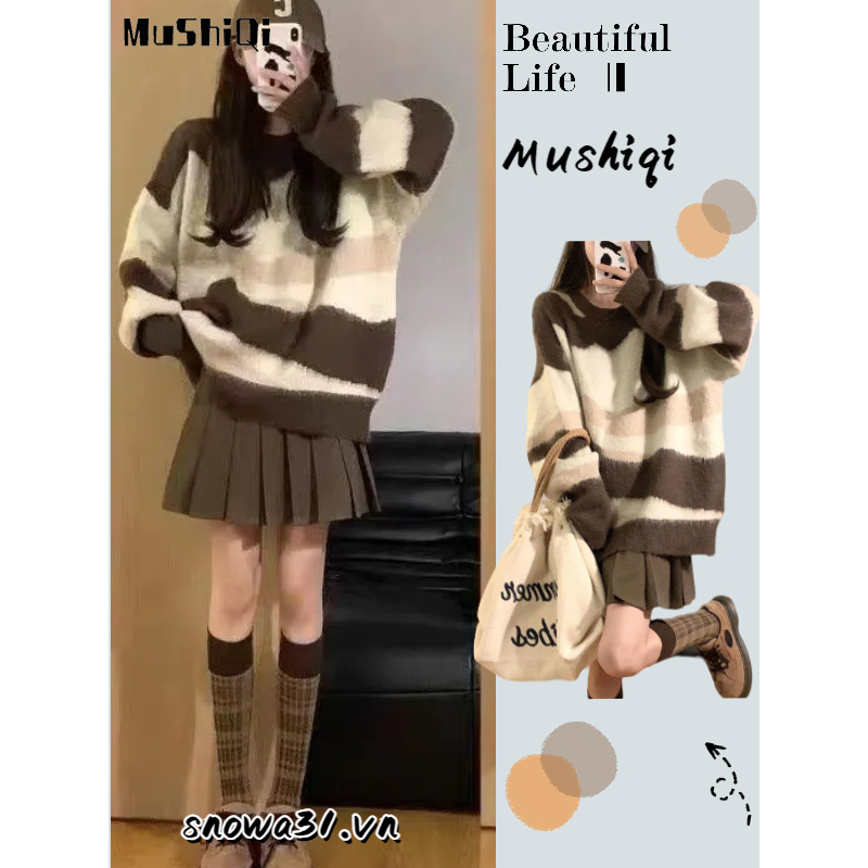 Mushiqi Áo sweater Dệt Kim Dáng Rộng Phối Màu Tương Phản Thời Trang Cho Nữ