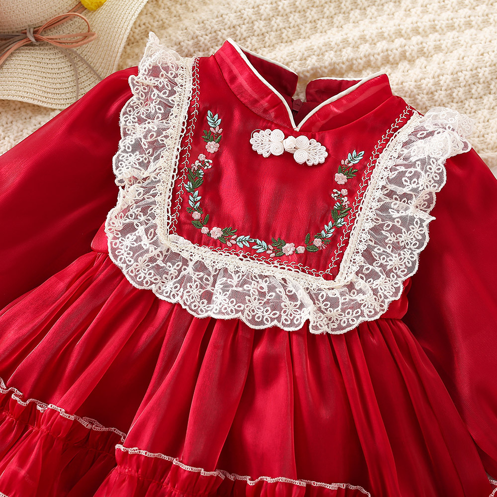 Đầm Công Chúa Tay Dài Thêu Hoa Phong Cách Cổ Điển Cho Bé Gái