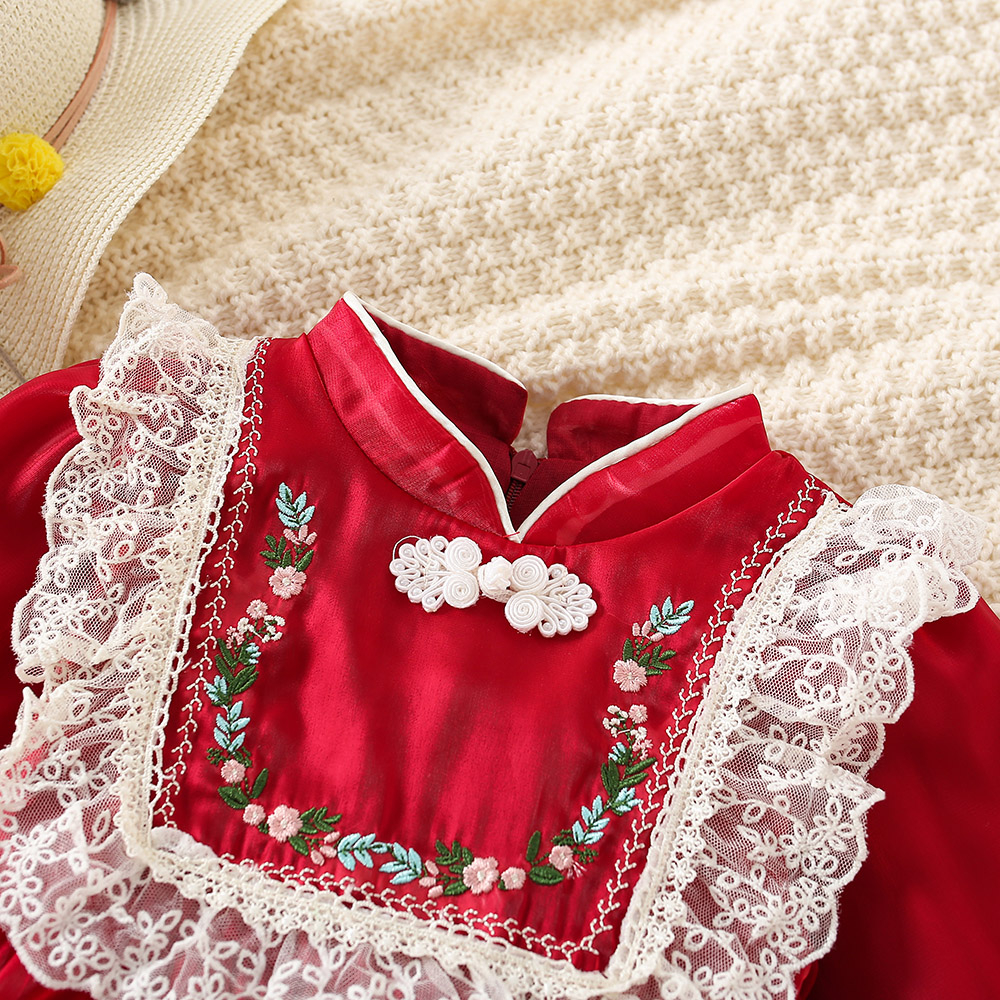 Đầm Công Chúa Tay Dài Thêu Hoa Phong Cách Cổ Điển Cho Bé Gái