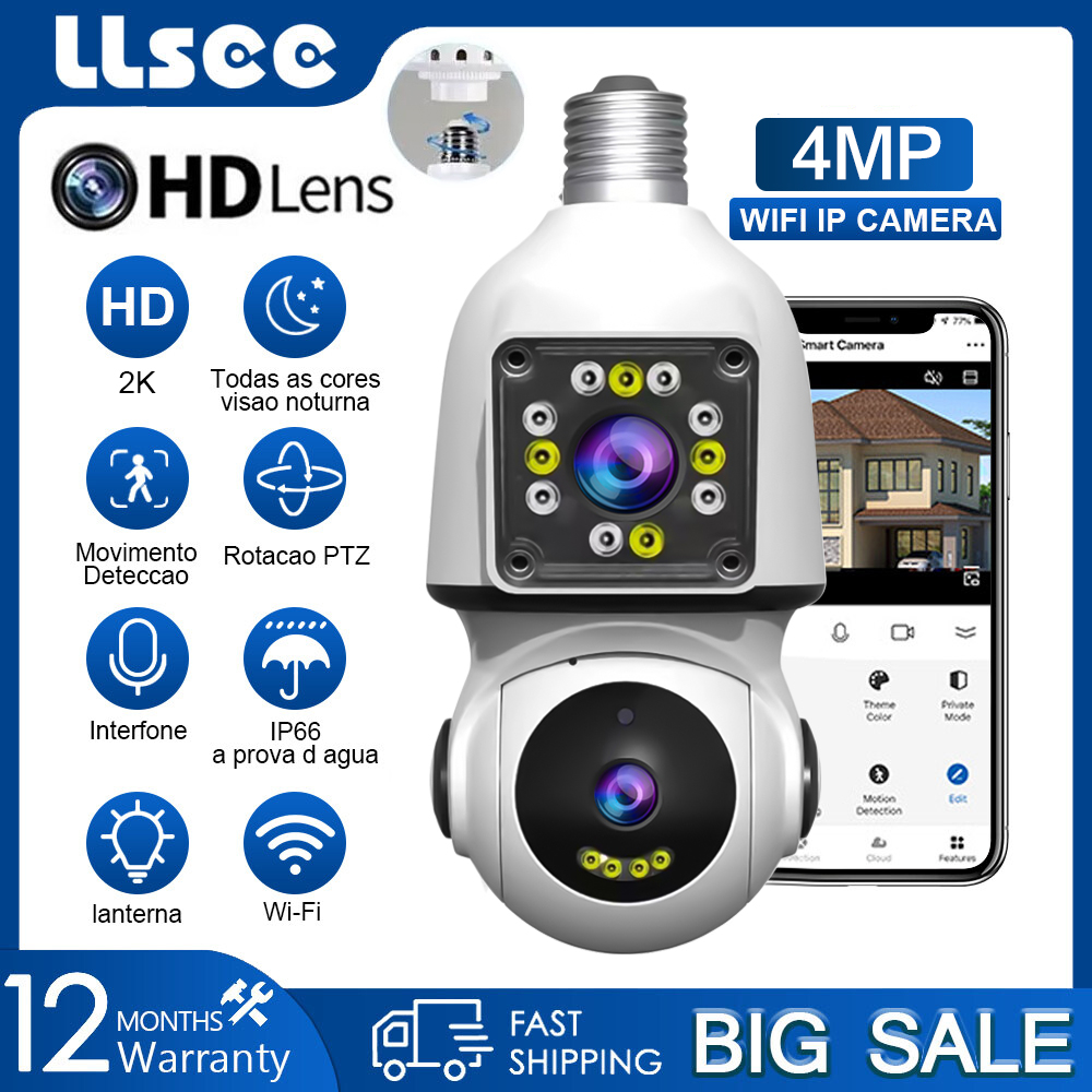 LLSEE 4MP 2K Bóng đèn e27 ptz Camera 2 Mắt, Camera giám sát wifi không dây mini trong nhà 360 độ, đầy đủ màu sắc, báo động theo dõi tự động, cuộc gọi hai chiều
