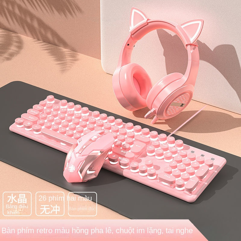 Bộ Ba Món Bàn Phím + Chuột + Dây Màu Hồng Phong Cách punk Cho Bé Gái