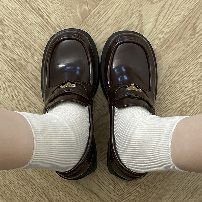 Pháp Loafers Nữ Mới Xuân Thu Nâu Mary Jane jk Giày Cao Chunky Gót Anh Mary Jane Giày Da Nhỏ