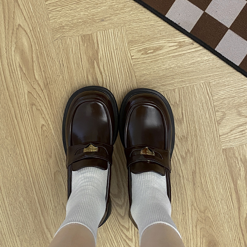 Pháp Loafers Nữ Mới Xuân Thu Nâu Mary Jane jk Giày Cao Chunky Gót Anh Mary Jane Giày Da Nhỏ