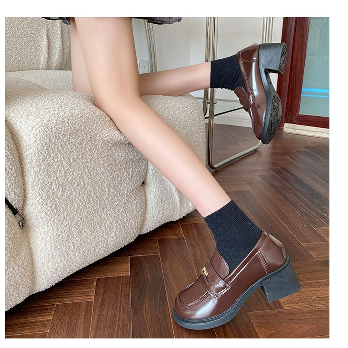 Pháp Loafers Nữ Mới Xuân Thu Nâu Mary Jane jk Giày Cao Chunky Gót Anh Mary Jane Giày Da Nhỏ