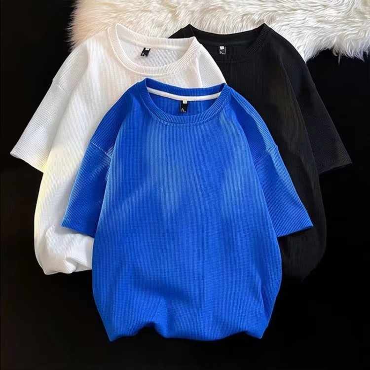 Bánh quế ngắn tay nam ins xu hướng thời trang mùa hè màu thu đáy tất cả trận đấu Áo thun Nam áo len nam nữ