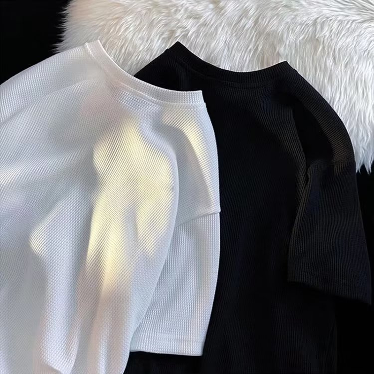 Bánh quế ngắn tay nam ins xu hướng thời trang mùa hè màu thu đáy tất cả trận đấu Áo thun Nam áo len nam nữ