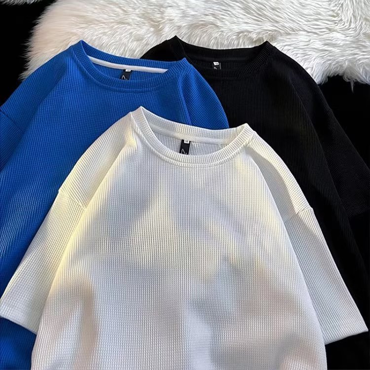 Bánh quế ngắn tay nam ins xu hướng thời trang mùa hè màu thu đáy tất cả trận đấu Áo thun Nam áo len nam nữ