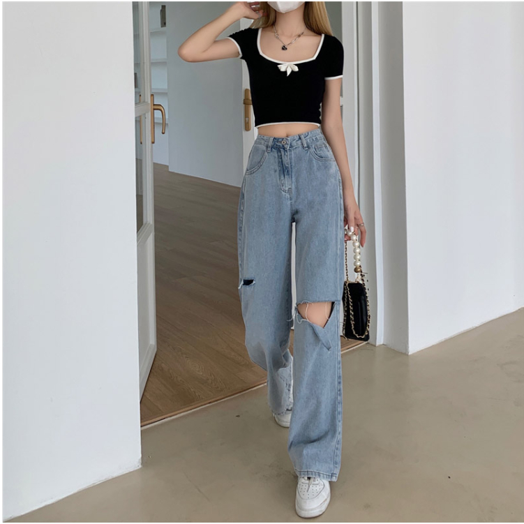 Set Áo Thun Ngắn Tay Plus Size + Quần Jeans Rách Phong Cách Phương Tây Thời Trang Mùa Hè 2023 Cho Nữ#0712#