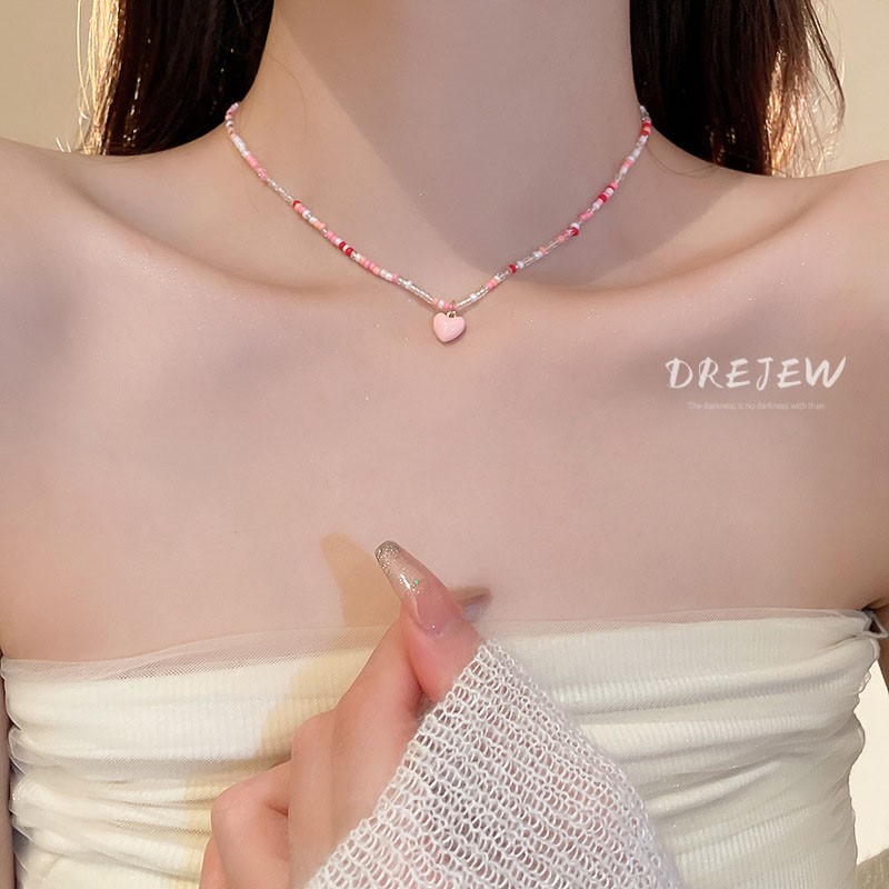 DREJEW Vòng cổ Chuỗi Hạt Mặt Trái Tim Màu Sắc Ngọt Ngào Cho Nữ
