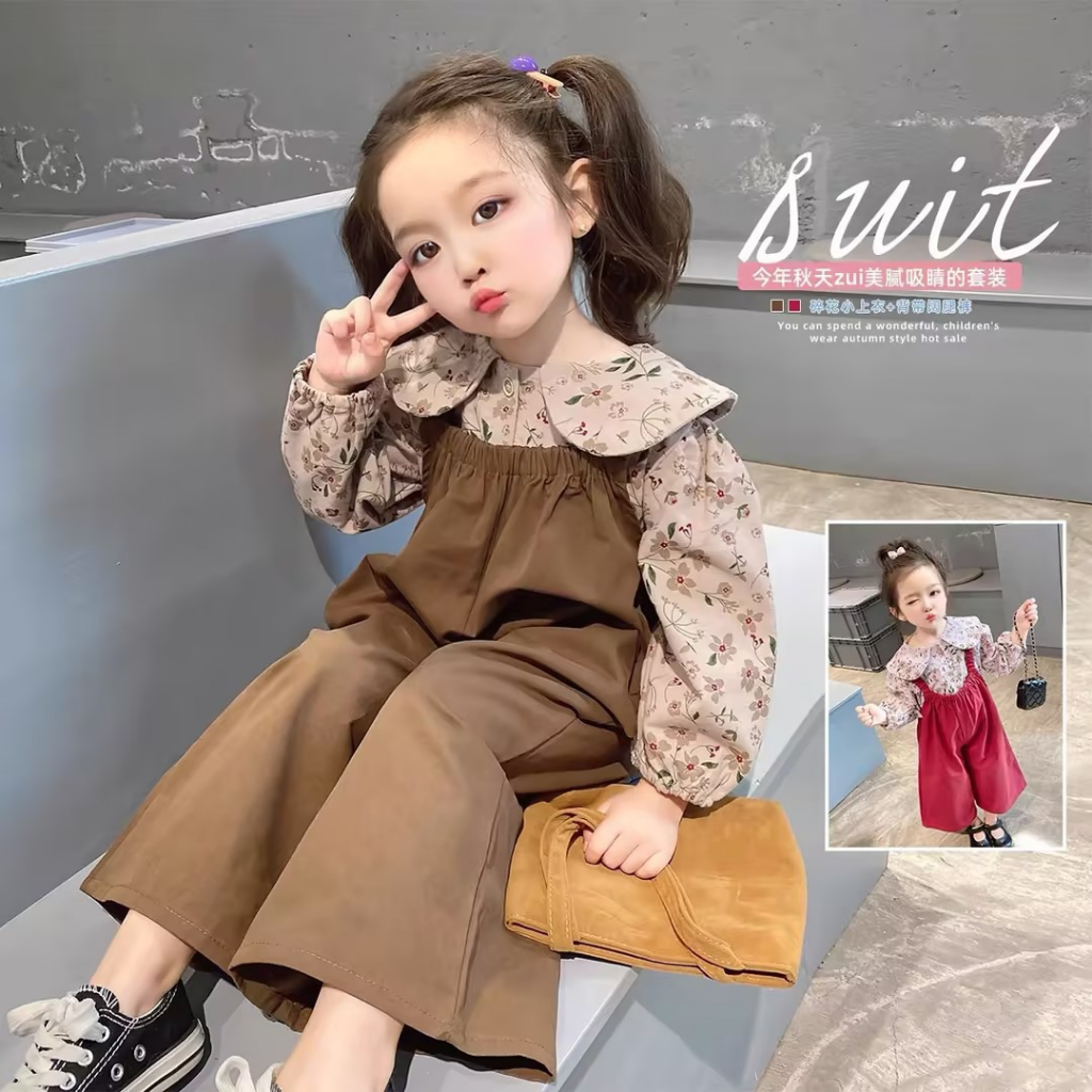 Bộ hai món Áo sơ mi hoa dài tay mùa thu Hàn Quốc + Quần yếm rộng rãi cho bé