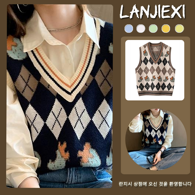 LANJIEXI Áo dệt kim không tay cổ V họa tiết hình thoi xinh xắn dễ phối đồ