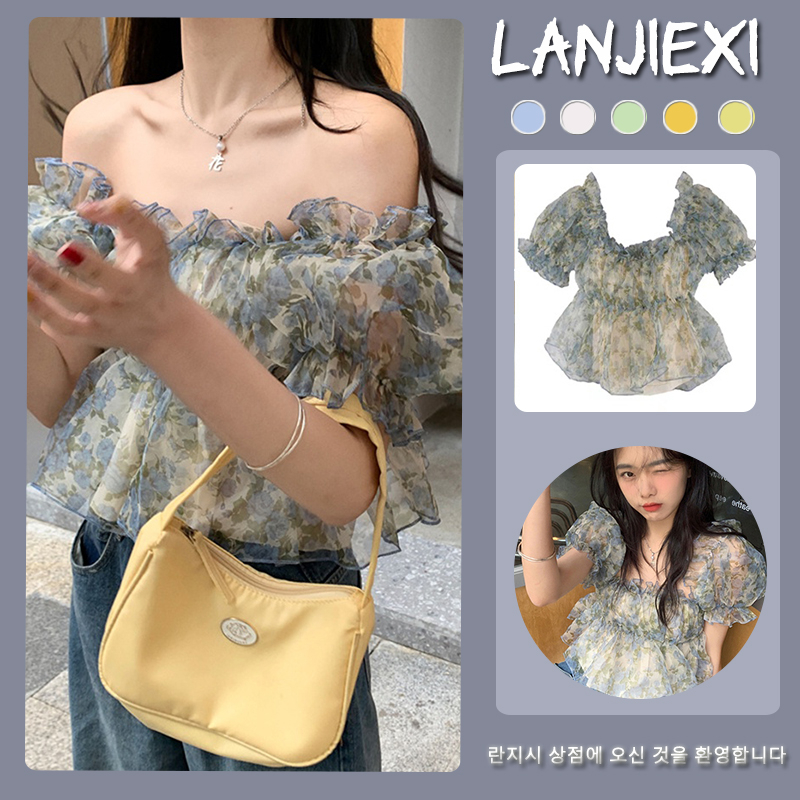 Áo Chiffon Tay Ngắn Phồng Hở Vai In Hoa Thời Trang Dành Cho Nữ