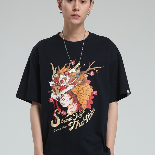 Trên oniarai Ghost Wash 23SS Dạo Phố Jizo Ukiyo Lion Dance In Áo Thun Nam Tay Ngắn