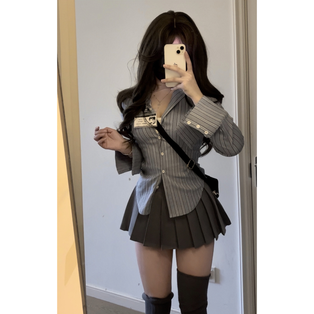 Set Áo Sơ Mi Kẻ Sọc Dài Tay - Áo Sơ Mi + Chân Váy Xếp Ly Mỏng Thường Ngày Cho Nữ