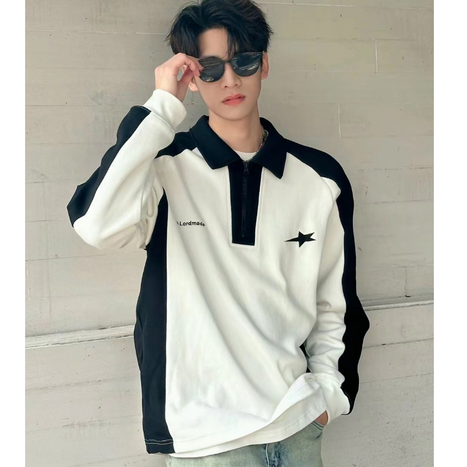 Áo sweater POLO Dáng Rộng Phối Màu Tương Phản Thời Trang Cho Nam