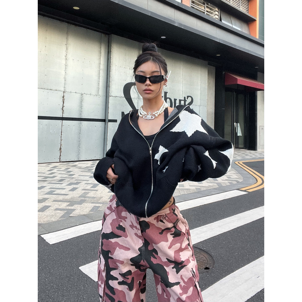 Áo Khoác cardigan Dệt Kim Dáng Rộng Có Khóa Kéo Thời Trang Đường Phố Mỹ Cho Nam