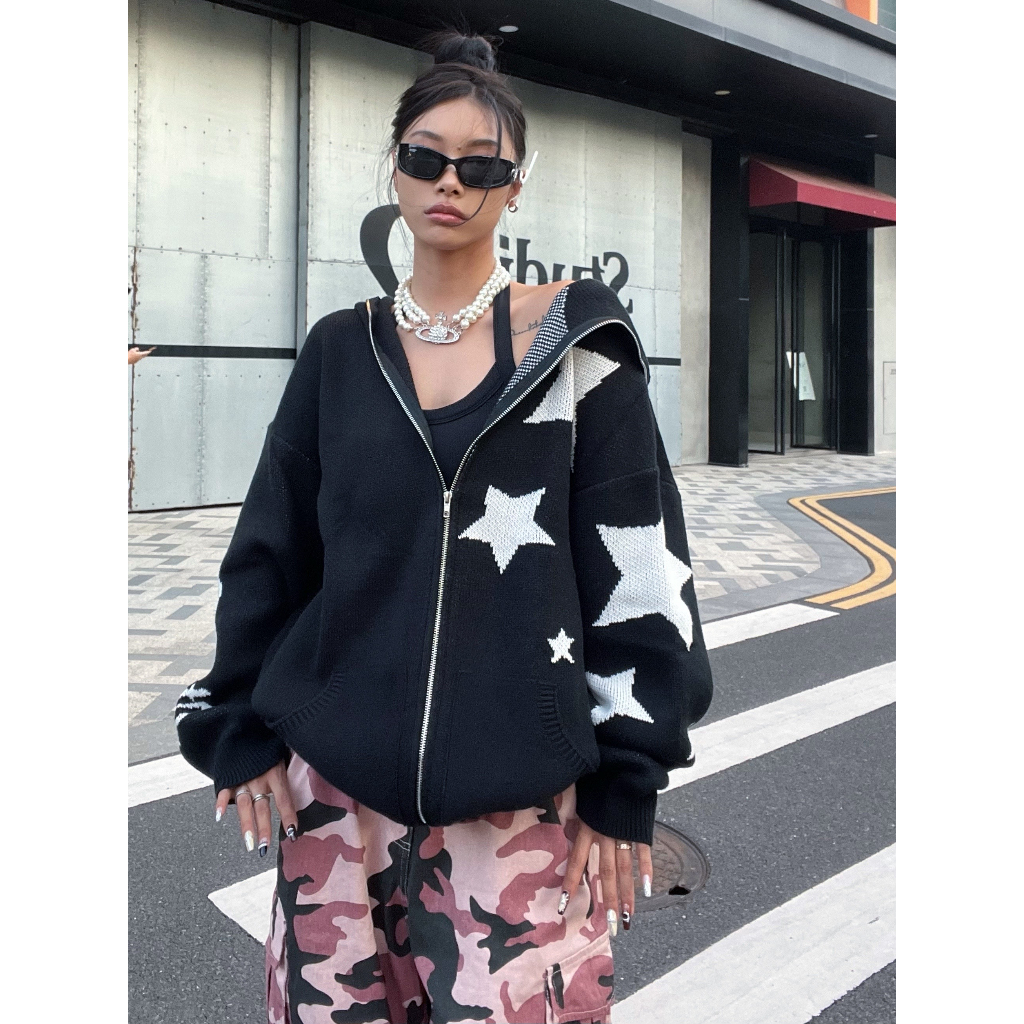 Áo Khoác cardigan Dệt Kim Dáng Rộng Có Khóa Kéo Thời Trang Đường Phố Mỹ Cho Nam