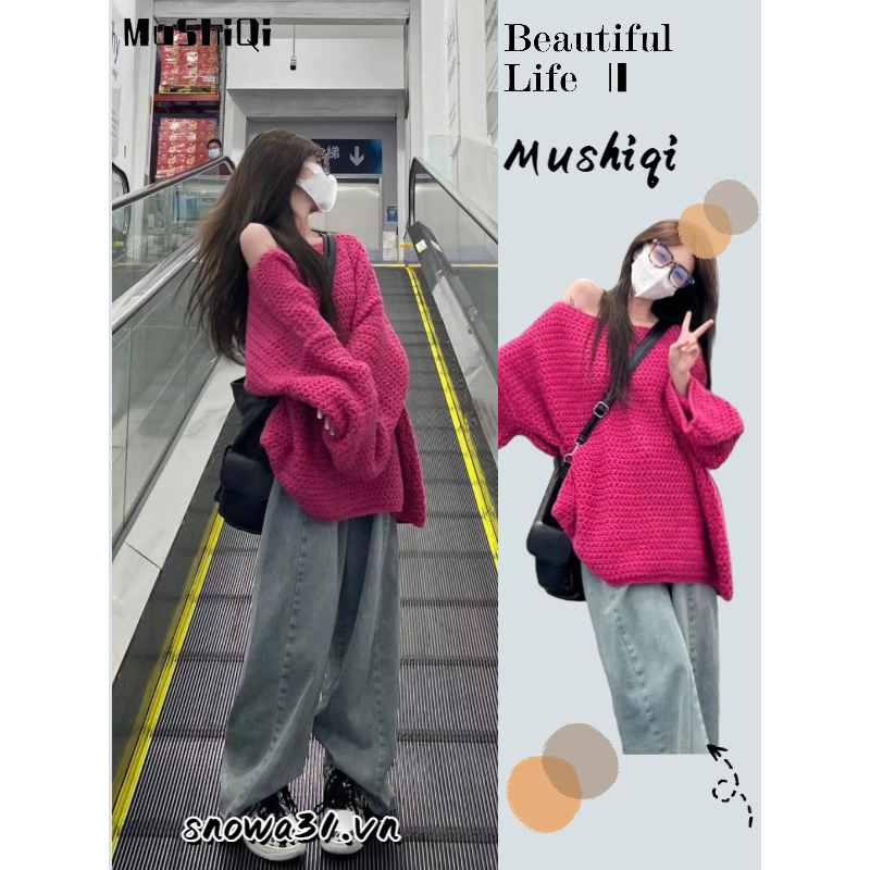 Mushiqi Áo sweater Dệt Kim Chui Đầu Dáng Rộng Màu Hồng Phong Cách Hàn Quốc Cho Nữ
