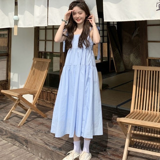 Đầm Hai Dây Dáng Dài Xếp Ly Màu Xanh Dương Phong Cách Pháp Thời Trang Hè Thanh Lịch Cho Nữ