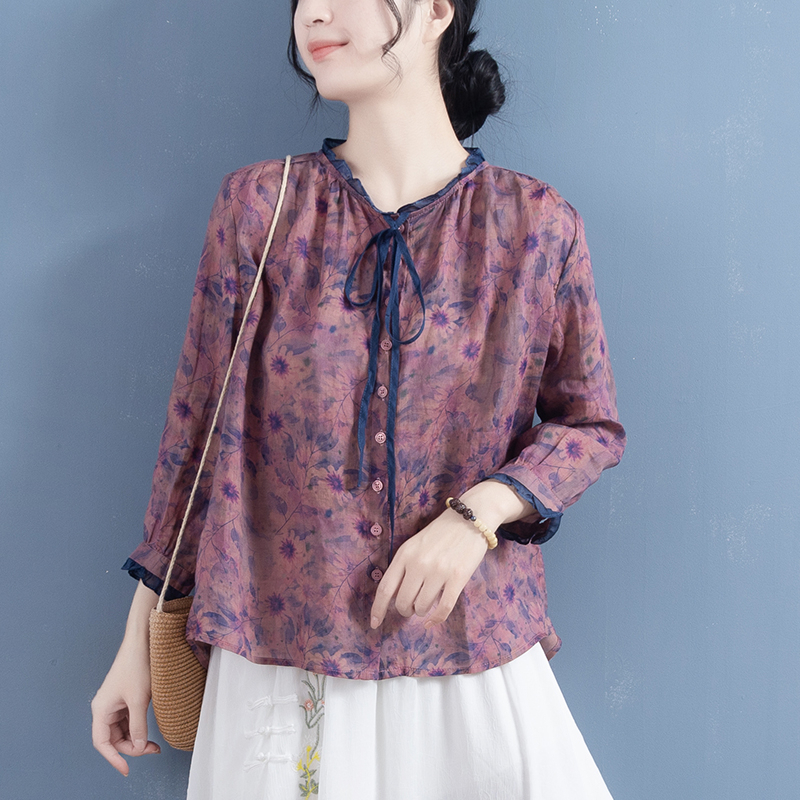 Áo Sơ Mi Tay Lỡ 9 / 4 Dáng Rộng Cổ Thắt Dây In Họa Tiết Hoa Phong Cách Trung Quốc Cổ Điển Thời Trang Xuân Hè Mới Cho Nữ