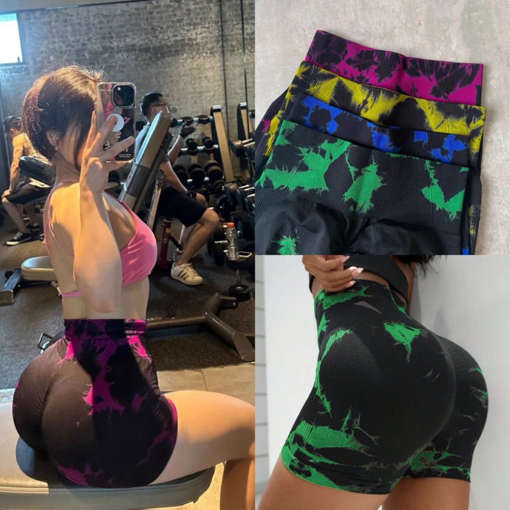 Seamless tie-dye sports skinny three-point pants women / high waist hip-lifting abdomen tie-bleach