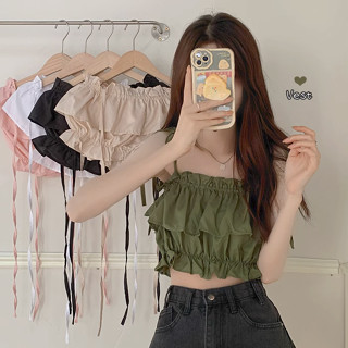 Áo Croptop Hai Dây Nhún Bèo Màu Trơn Thời Trang Đường Phố Cho Nữ