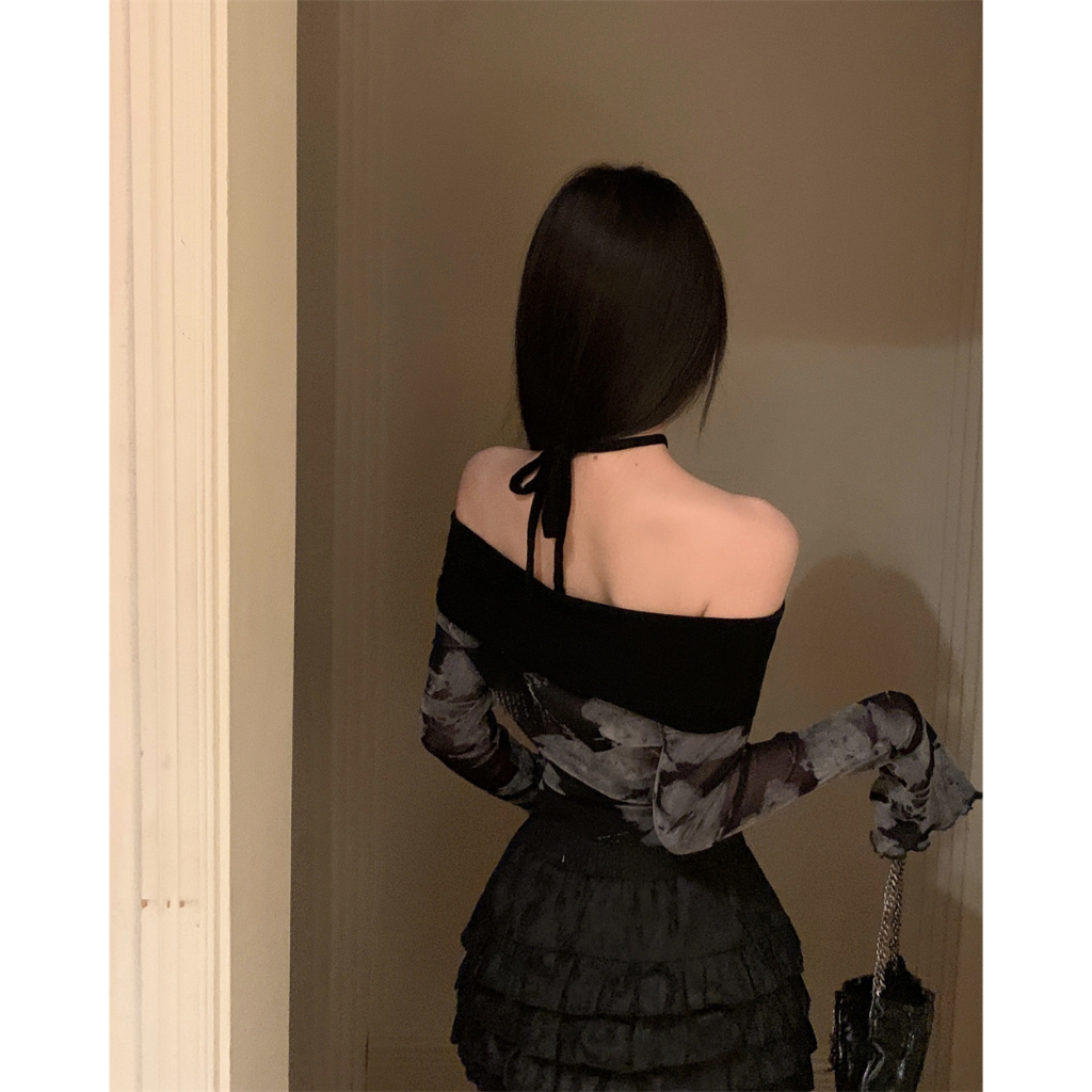 Áo Thun Tay Dài Dáng Ôm Hở Vai Chống Nắng Màu Đen Dành Cho Nữ