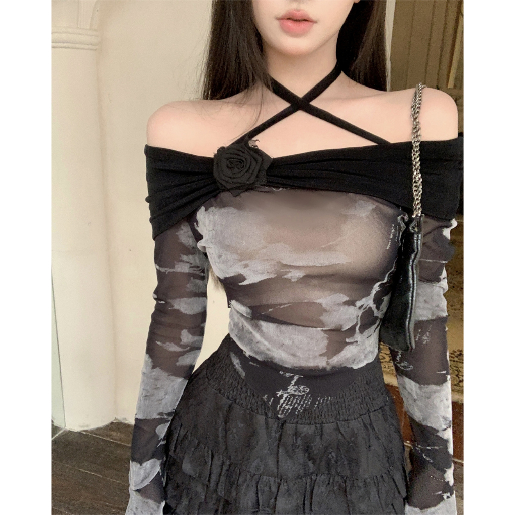 Áo Thun Tay Dài Dáng Ôm Hở Vai Chống Nắng Màu Đen Dành Cho Nữ