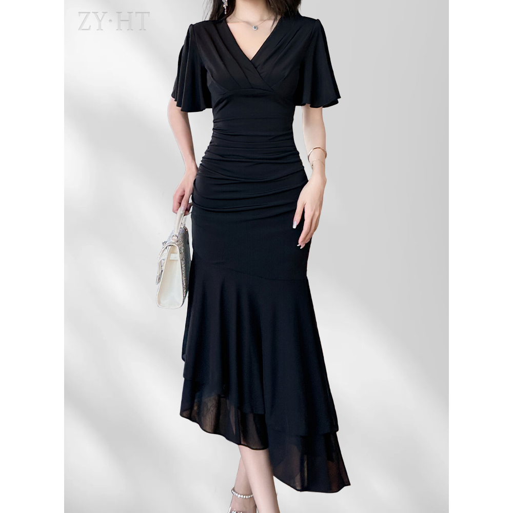 Đầm body ZYHT 30197 màu đen cổ V ôm dáng khoe eo thon xếp nếp gợi cảm cổ điển