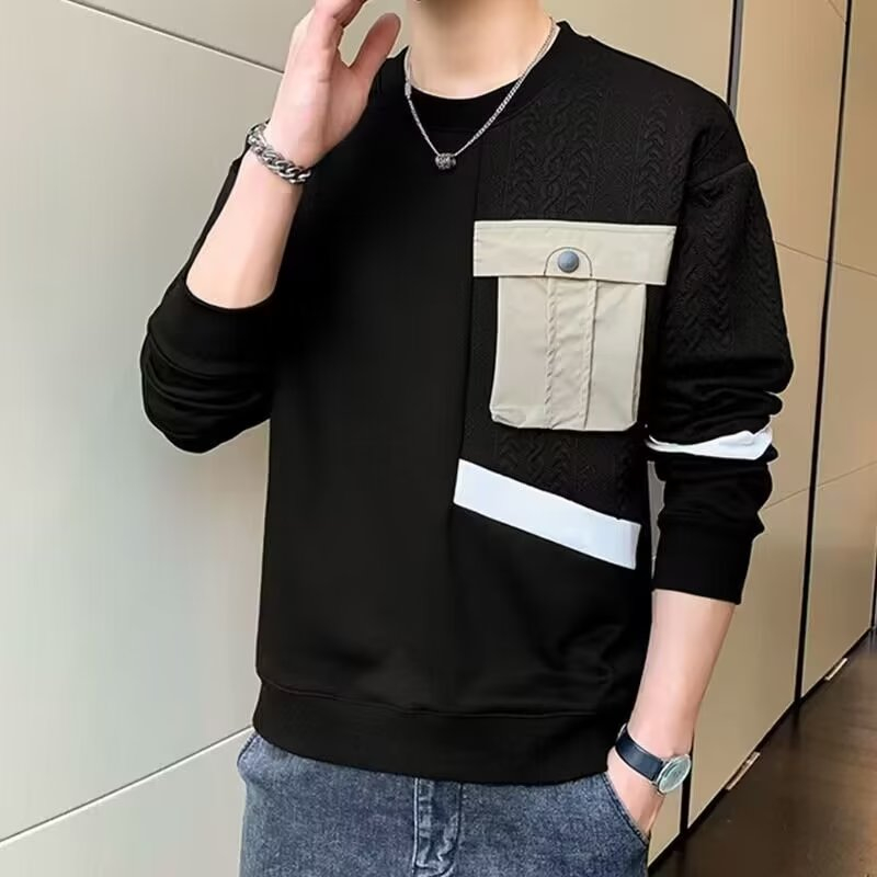 Khâu Túi Áo Nam 3 Màu M-3XL Xuân Thu Phố Mặc Áo Thun Cổ Tròn Đáy Trong Áo Sơ Mi