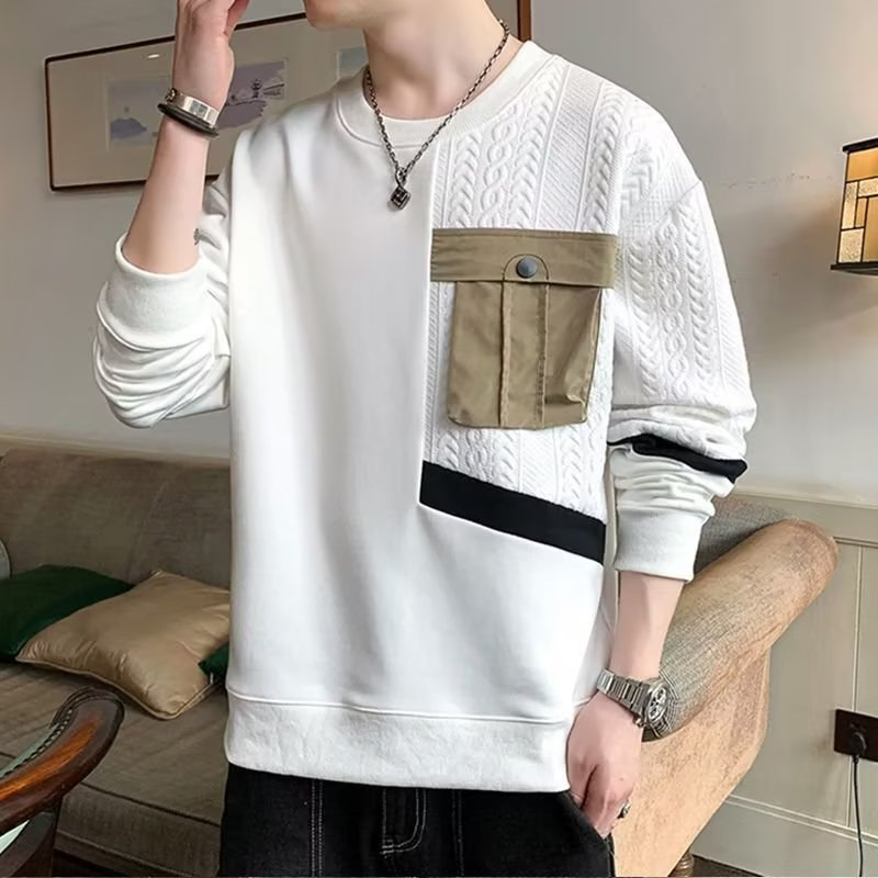 Khâu Túi Áo Nam 3 Màu M-3XL Xuân Thu Phố Mặc Áo Thun Cổ Tròn Đáy Trong Áo Sơ Mi