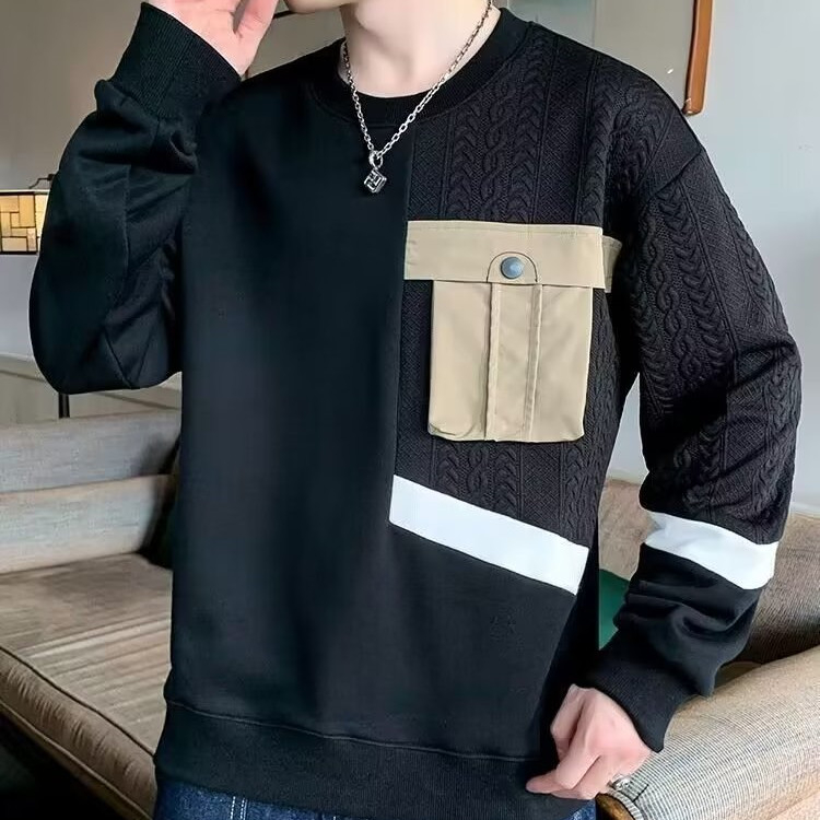 Khâu Túi Áo Nam 3 Màu M-3XL Xuân Thu Phố Mặc Áo Thun Cổ Tròn Đáy Trong Áo Sơ Mi