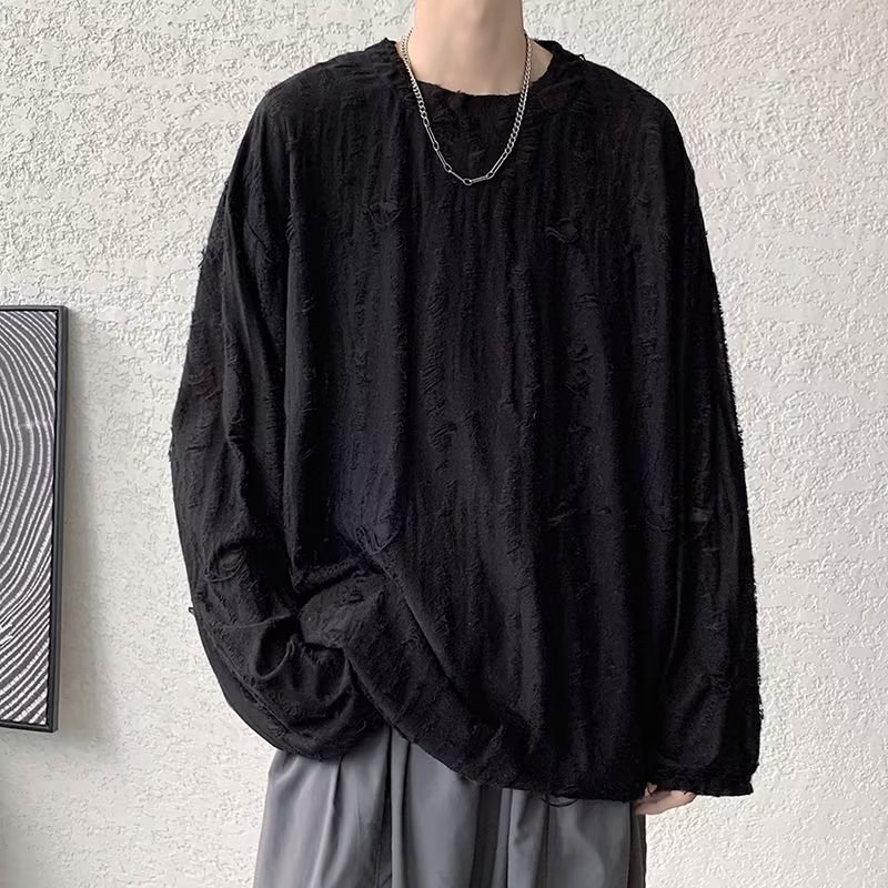 Áo thun dài tay rách Nam M-3XL Ba màu Xuân Thu Đường Phố Mặc Rời Đáy Áo Sơ Mi Thiết Kế Rỗng Rách Cổ Tròn Chui Đầu Phong Cách Hồng Kông Áo Thun Rời Bên Trong Nam Xù Đẹp Trai Rách Tay Dài