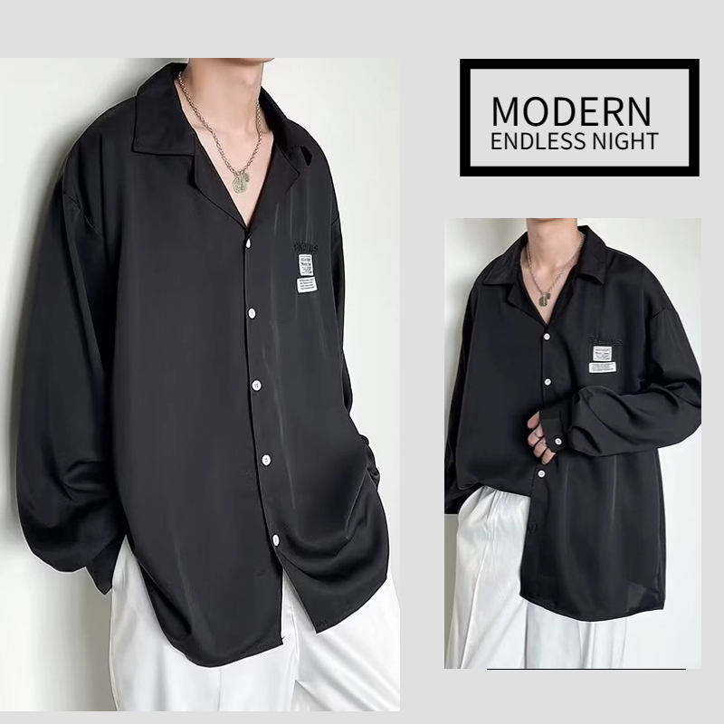 Áo Sơ Mi Nam Tay Dài Phong Cách Thời Trang Hàn Quốc Cổ áo gấp nếp Kết cấu lụa Unisex Thường xuyên trên cùng