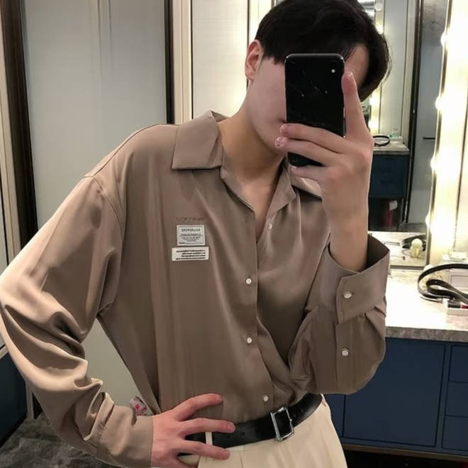 Áo Sơ Mi Nam Tay Dài Phong Cách Thời Trang Hàn Quốc Cổ áo gấp nếp Kết cấu lụa Unisex Thường xuyên trên cùng