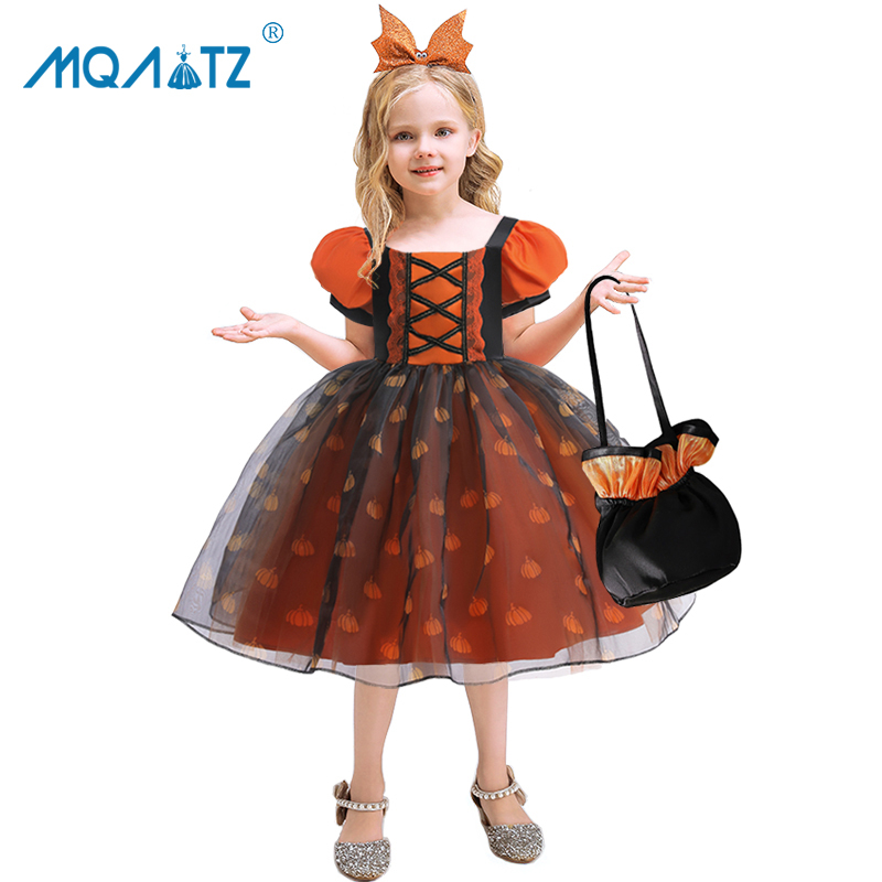 Mqatz Đầm Hóa Trang halloween Màu Đen Cam Họa Tiết Bí Ngô aws032 Cho Bé Gái