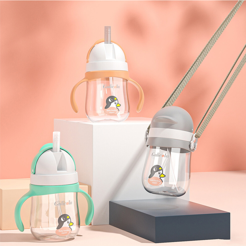 GUGU Bình Sữa Có Tay Cầm Và Ống Hút Chống Tràn Dành Cho Bé, 320ml