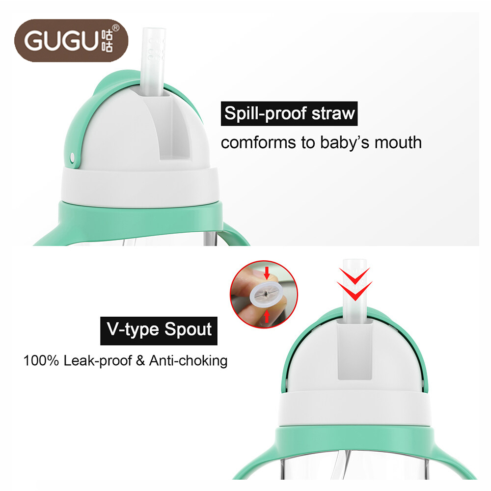 GUGU Bình Sữa Có Tay Cầm Và Ống Hút Chống Tràn Dành Cho Bé, 320ml