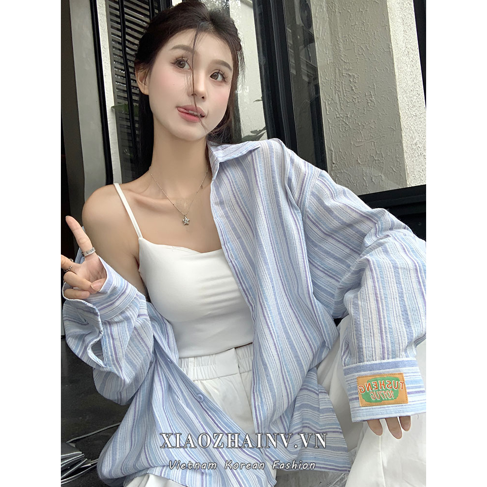 Xiaozhaniv Áo Sơ Mi Chống Nắng Dáng Rộng Tay Dài Cổ polo Kẻ Sọc Tương Phản Sang Trọng Thời Trang Hàn Quốc Cho