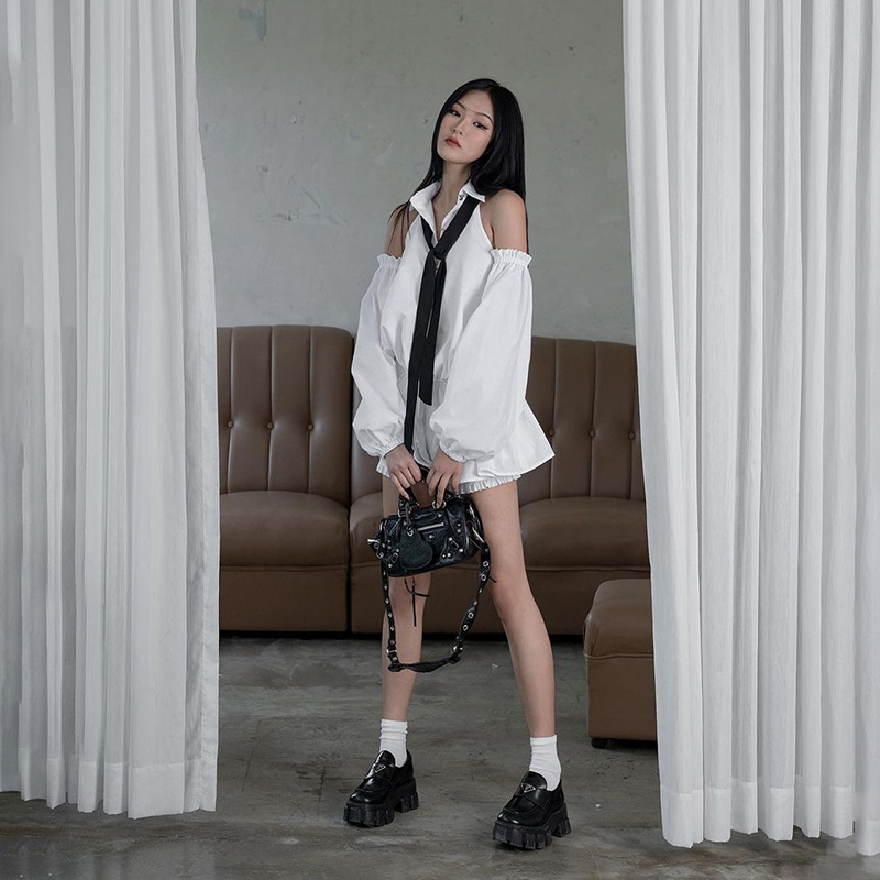 Klalien Set Áo Trễ Vai Và Quần Short Lưng Cao Phong Cách Pháp Thời Trang Quyến Rũ Cho Nữ