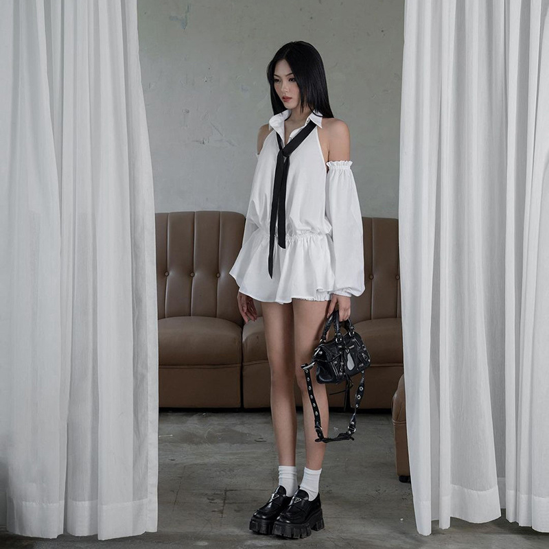 Klalien Set Áo Trễ Vai Và Quần Short Lưng Cao Phong Cách Pháp Thời Trang Quyến Rũ Cho Nữ