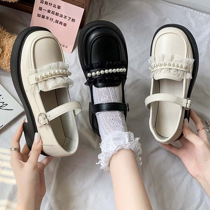 CHZK Giày Da Mũi Tròn Đế Dày Đính Ngọc Trai Phong Cách Mới Cho Nữ mary jane