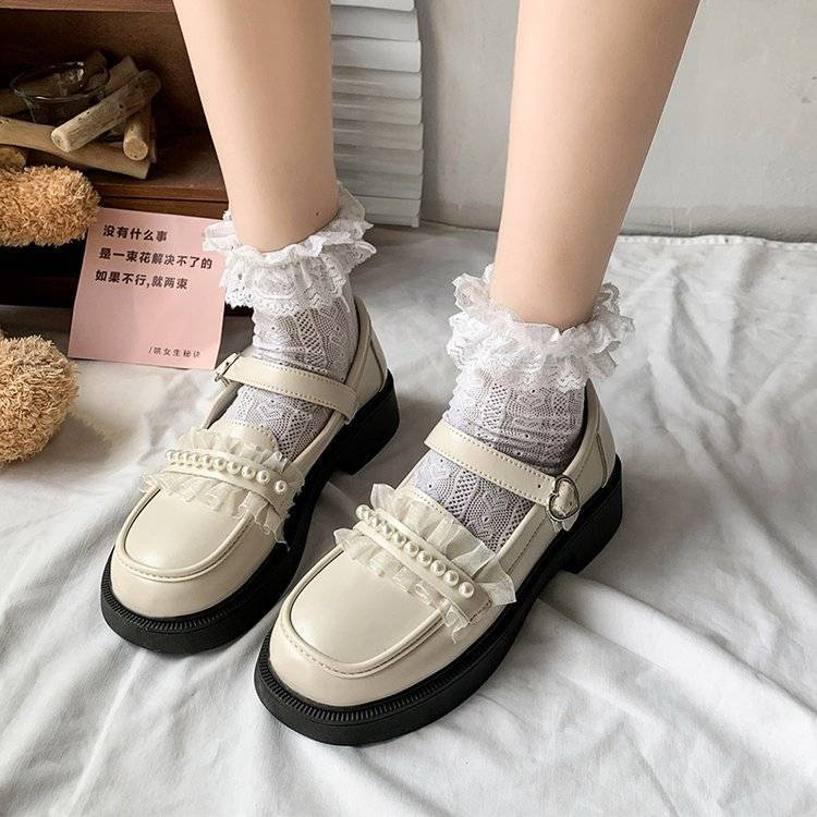 CHZK Giày Da Mũi Tròn Đế Dày Đính Ngọc Trai Phong Cách Mới Cho Nữ mary jane
