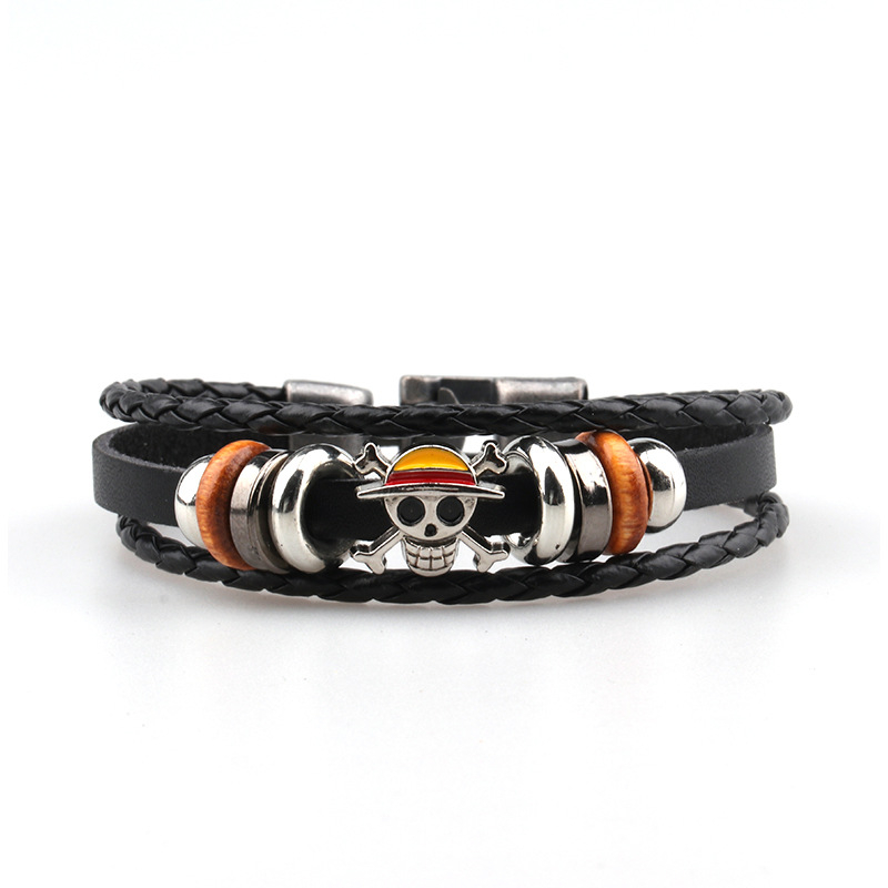 Vòng Tay Da Bện Nhiều Lớp Mặt Hình one piece Mũ Rơm luffy Đầu Lâu Cướp Biển