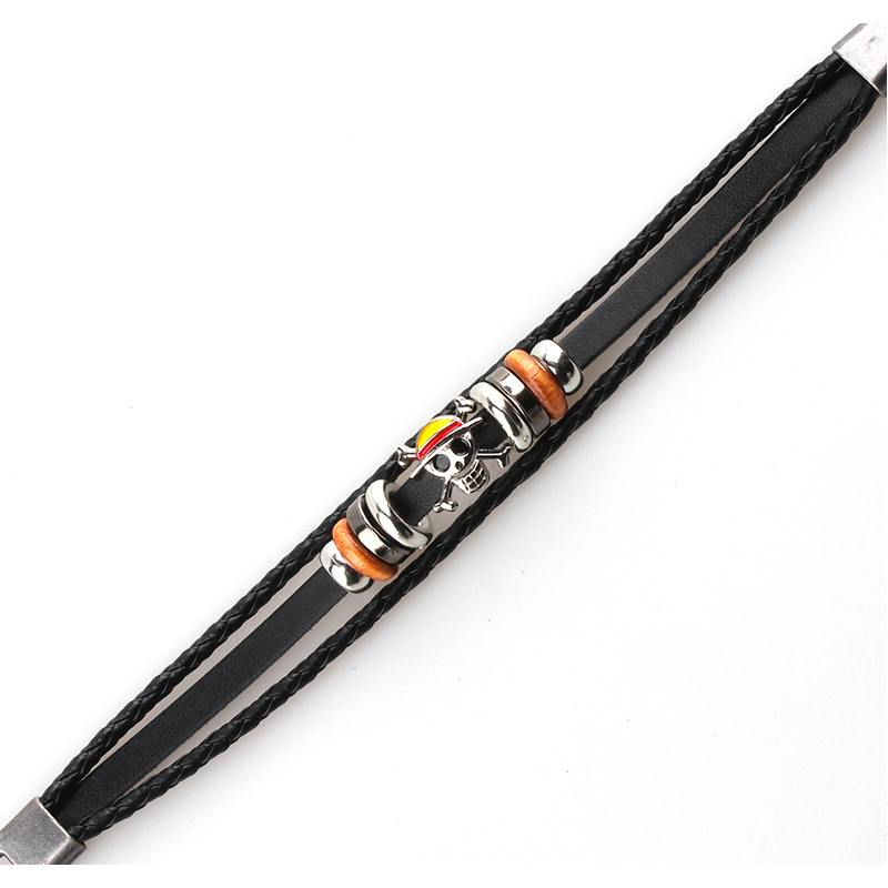 Vòng Tay Da Bện Nhiều Lớp Mặt Hình one piece Mũ Rơm luffy Đầu Lâu Cướp Biển